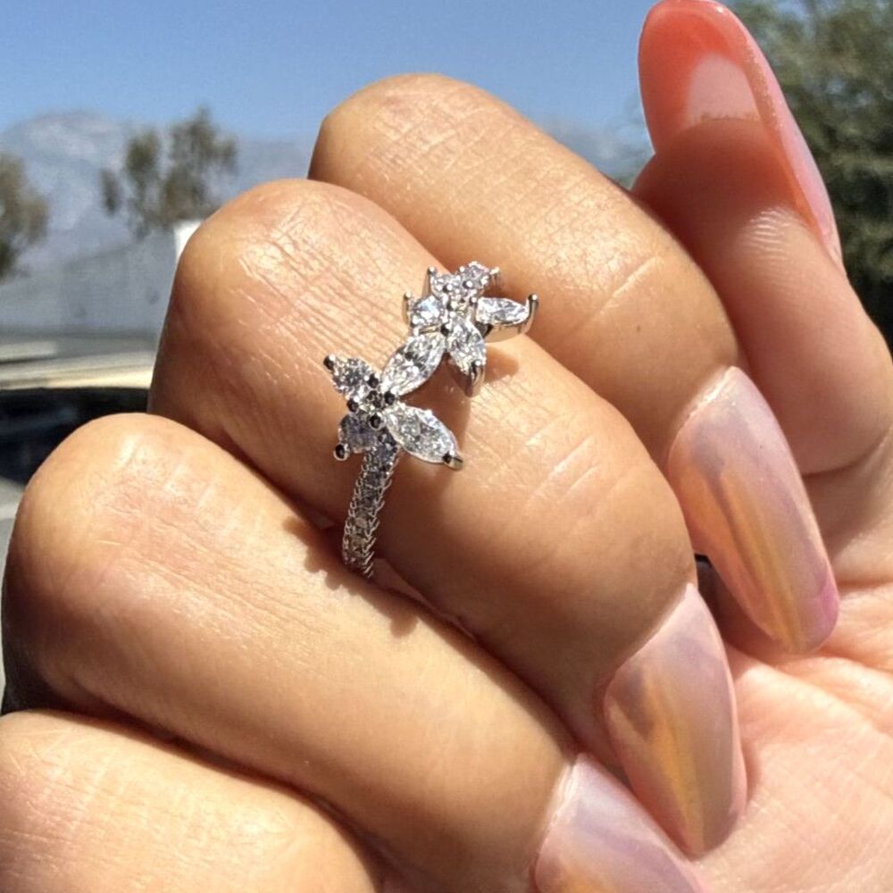 Moissanite Butterfly Ring Size 7 Rhodium Plated Pavé Band GRA Certificate